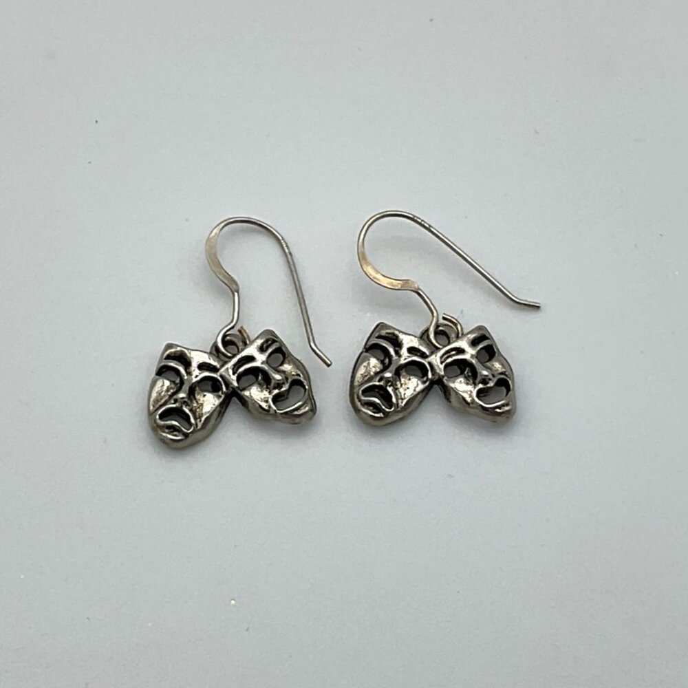 Vintage Silver Tone Theatre or Mardi Gras Comedy-Tragedy Mask Dangling Earrings